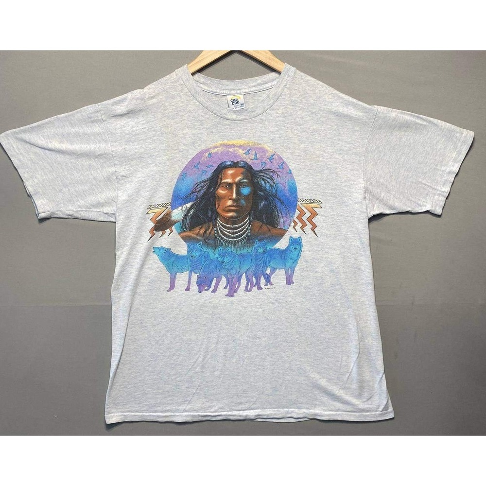 Cal Cru T Shirt Mens XL Grey Native American Wolves Habitat 91 Vintage Graphic